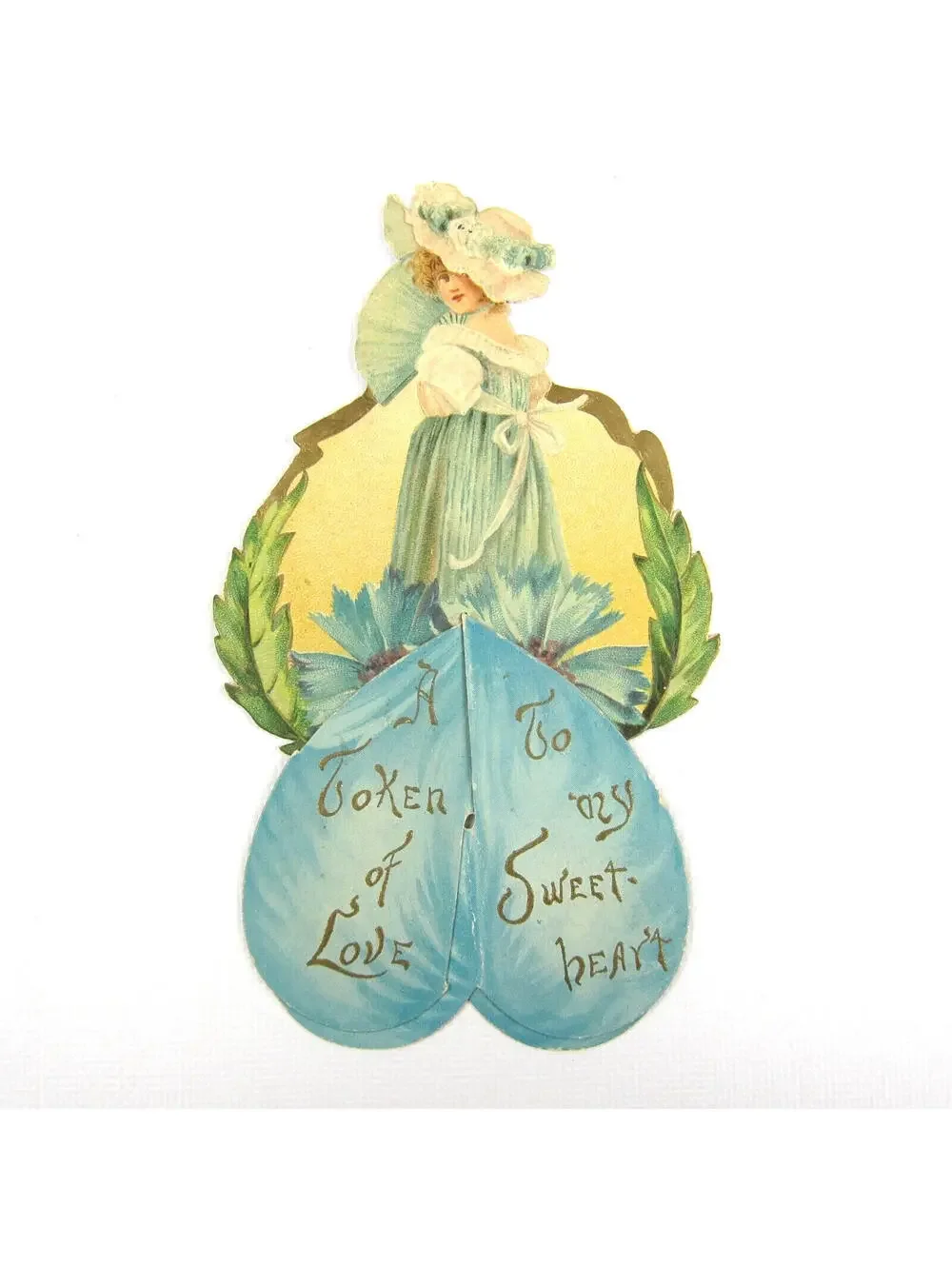 Antique Valentine Card Die Cut Stand Up Girl Hat Fan Blue Dress Flowers UNSIGNED